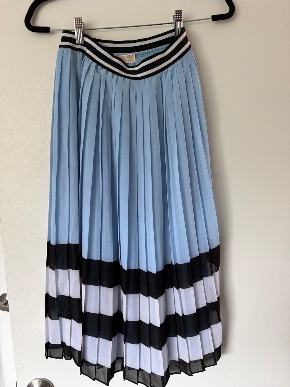 Light Blue Pleated Midi Skirt with Black & White Bands